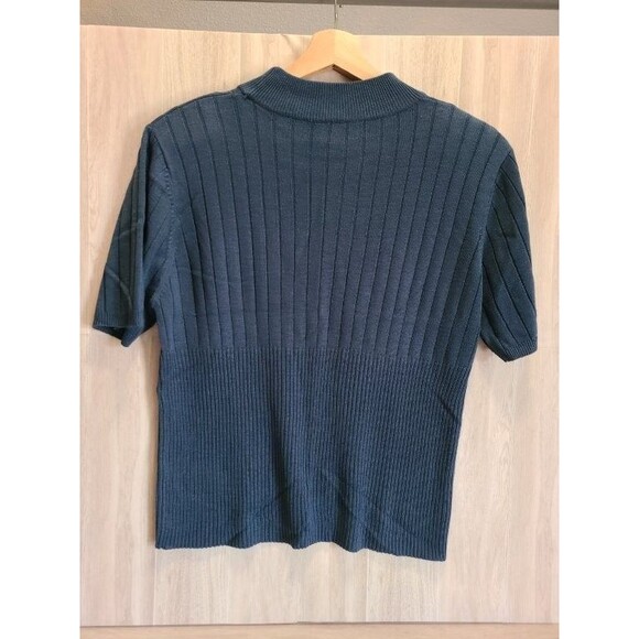 Blue Ribbed Sweater Shirt Short Sleeve Mock Neck Knit Top Casual Stretchy Tee - Picture 2 of 5